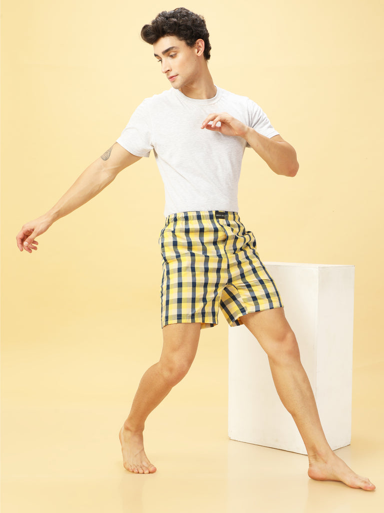 Yellow and Navy Checked Cotton  Boxers