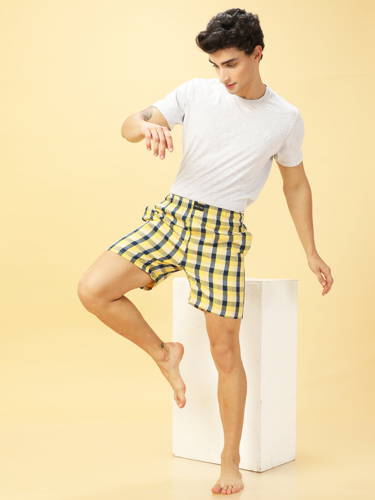Yellow and Navy Checked Cotton  Boxers
